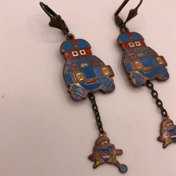 Disney 70’s Vintage V.I.N.CENT Robot Drop Chain Pendant Pierced Earrings RARE - Picture 2 of 8